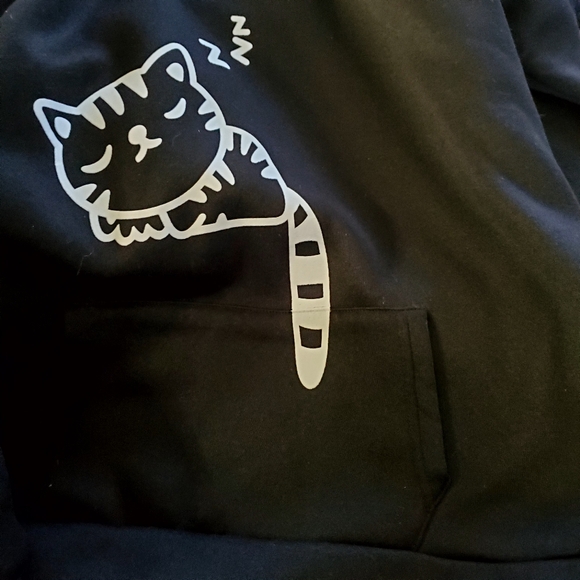 Black Hoodie with Cat Graphic and Fleece Texture With Ears On The Hood XL - Picture 4 of 5